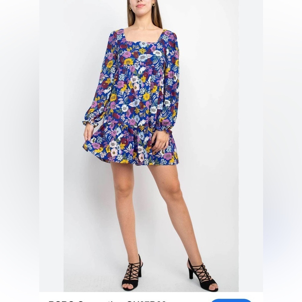 BCBGeneration vibrant Floral bubble Sleeve mini Dress flowy square neck / back 6